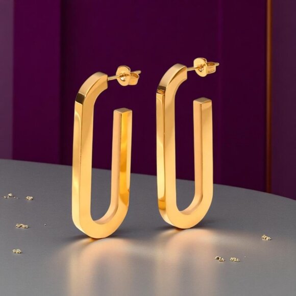 🆕 Sleek 18K Gold Plated Stainless Steel Modern U-Shape Statement Earrings - Picture 14 of 14